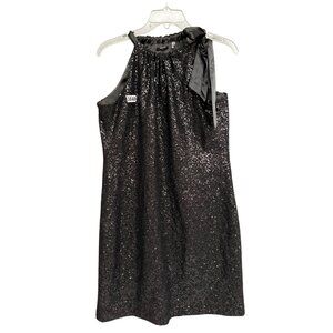Tahari A line Mini Dress Sequin Halter Neck Sleeveless Black Medium